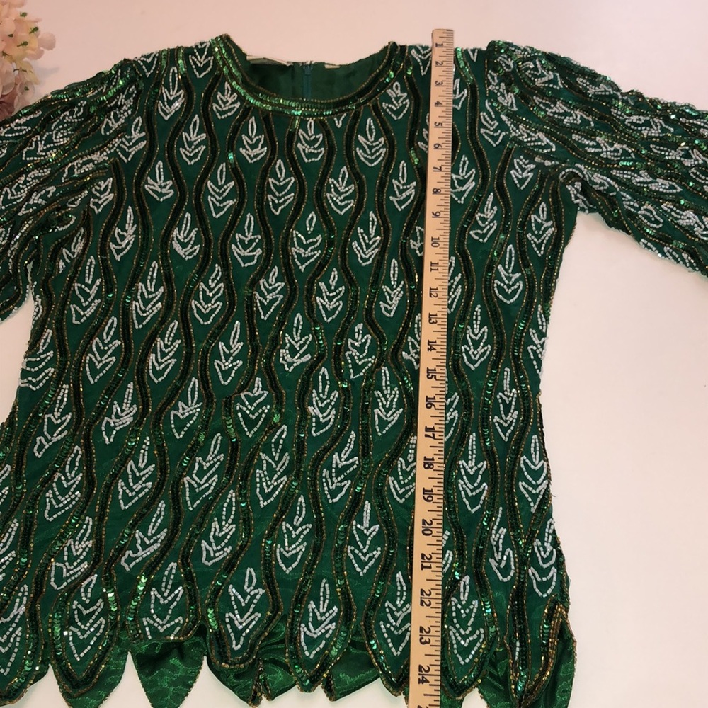 Sequin Green Beaded Short Sleeve Formal Top Elegant Green Beaded Top 80s Dynasty - Picture 8 of 16